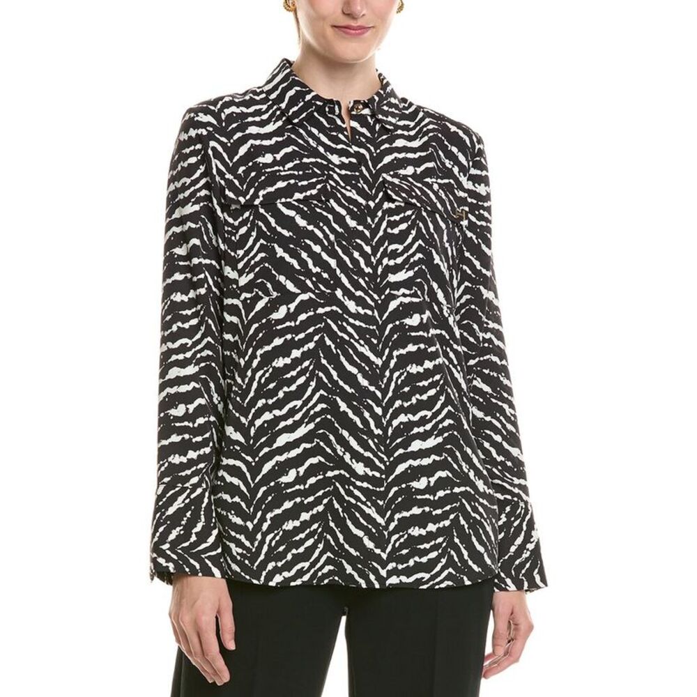 Halston Womens Printed V-Neck Tie-Front Blouse, Black